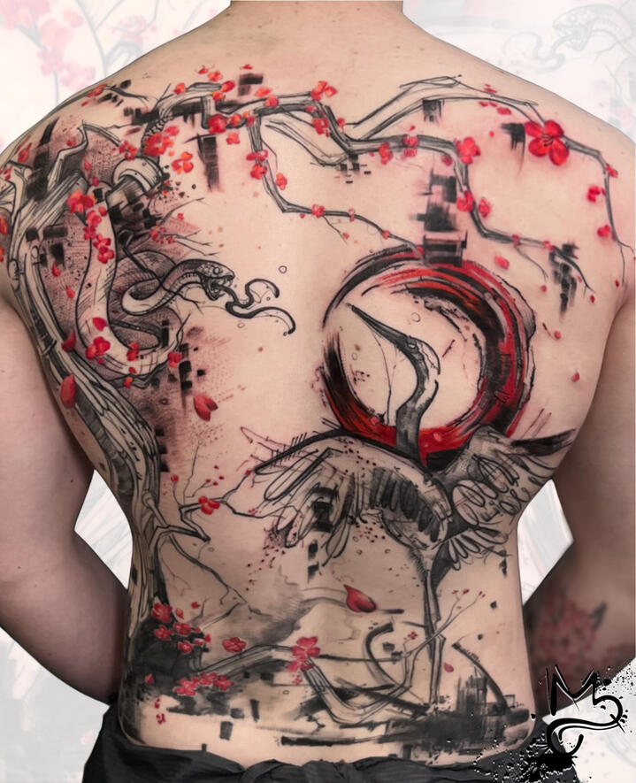 Final Art - Tai Chi Chuan - The Snake and Crane | Custom Blackwork / Sketch Tattoo by André Melo Full back tattoo a custom authorial project for the client inspired in Tai Chi Chuan Story, The Snake and Crane - free interpretation, mix a red circular brushstroke and cherry blossoms. The design combines Blackwork, Sketch, Watercolour and Abstract.